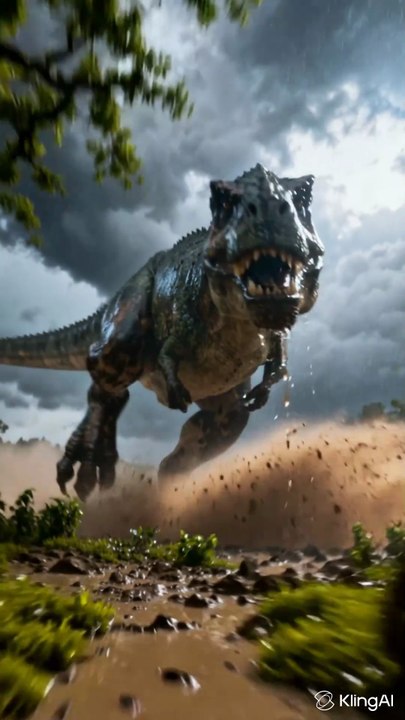 T-Rex gigante corriendo bajo la tormenta | Vídeo IA cinematográfico