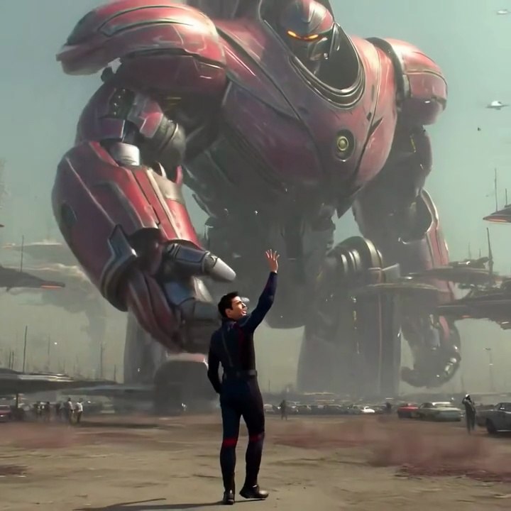 Frente a una máquina gigante roja | Vídeo IA cinematográfico