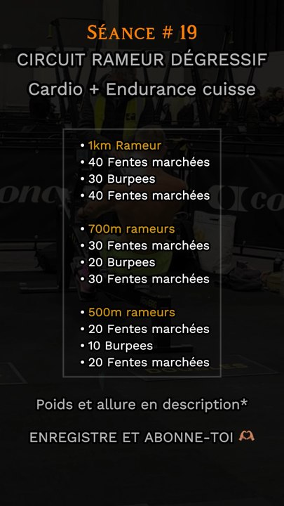 POIDS FENTES : 10 à 30kg selon le niveau Allure rameur : PACE hyrox Burpees : Rythme moyen lent  MAIS 0 pause