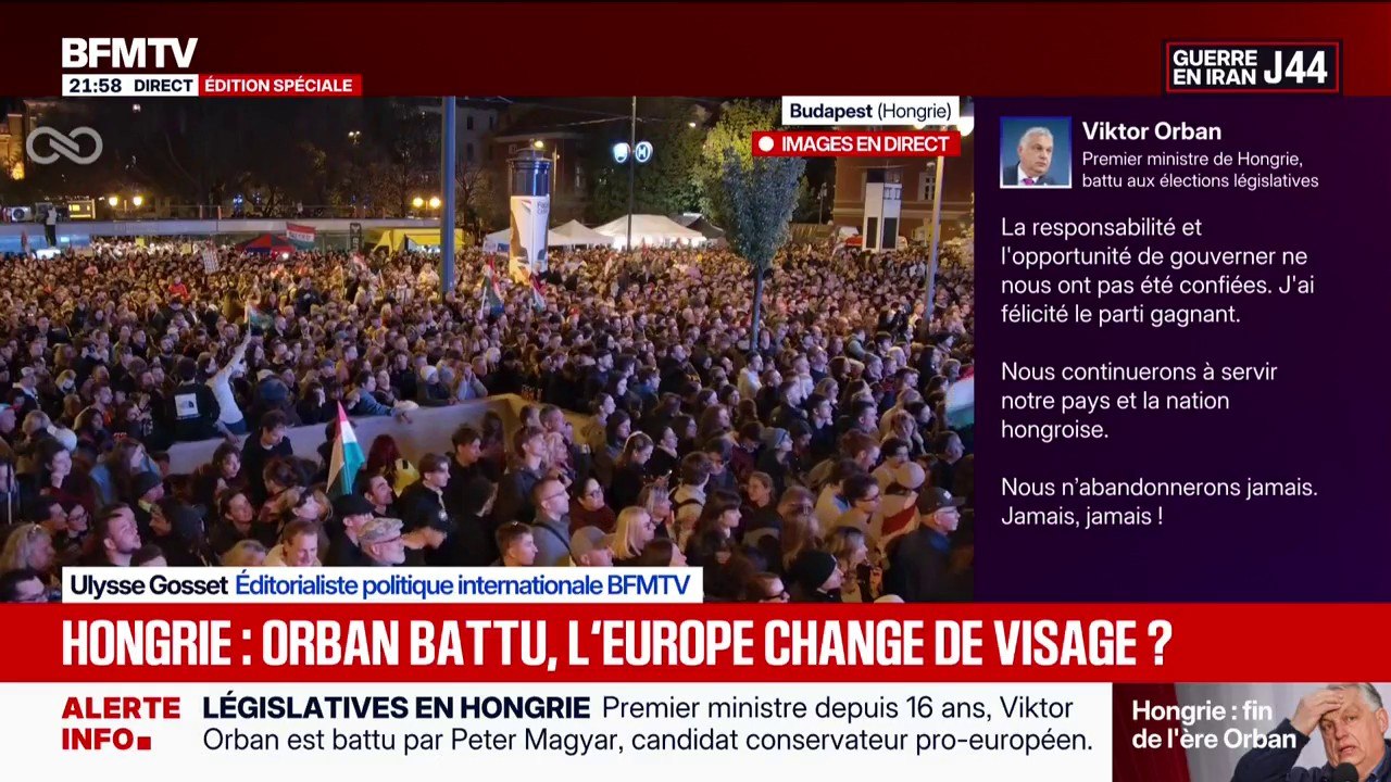 Législatives en Hongrie: la foule réagit à la victoire du chef de l'opposition hongroise, Peter Magyar