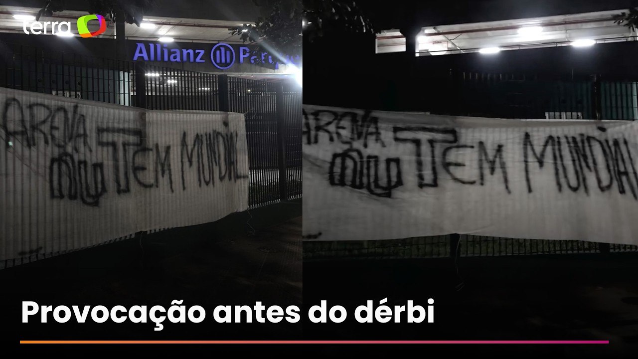 ‘Arena Nu Tem Mundial’: torcida do Corinthians estende faixa no Allianz e provoca o Palmeiras