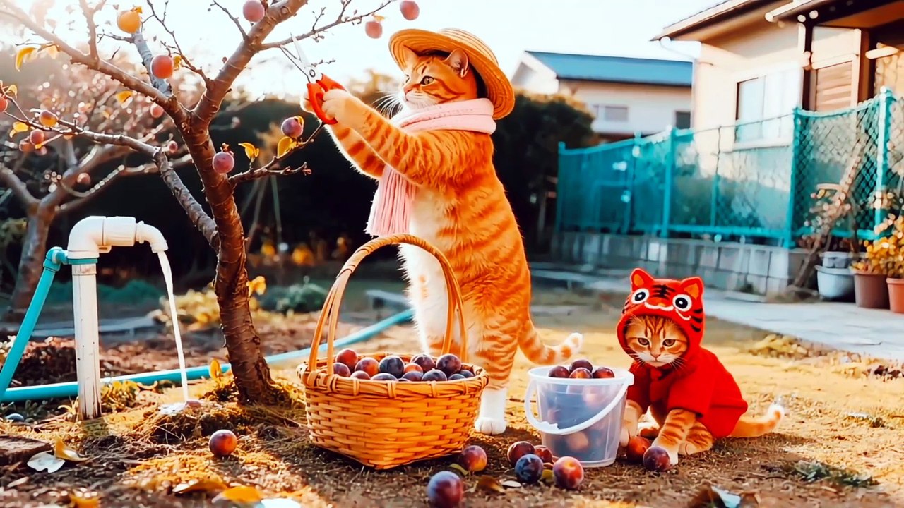 "part 5 "Plum Picking Fun & Sweet Suburban Adventure 🏡 | Mom Cat & Tiger Kitten