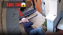 Man Trips While Helping A Delivery Driver And Barely Escapes Hitting A Wall