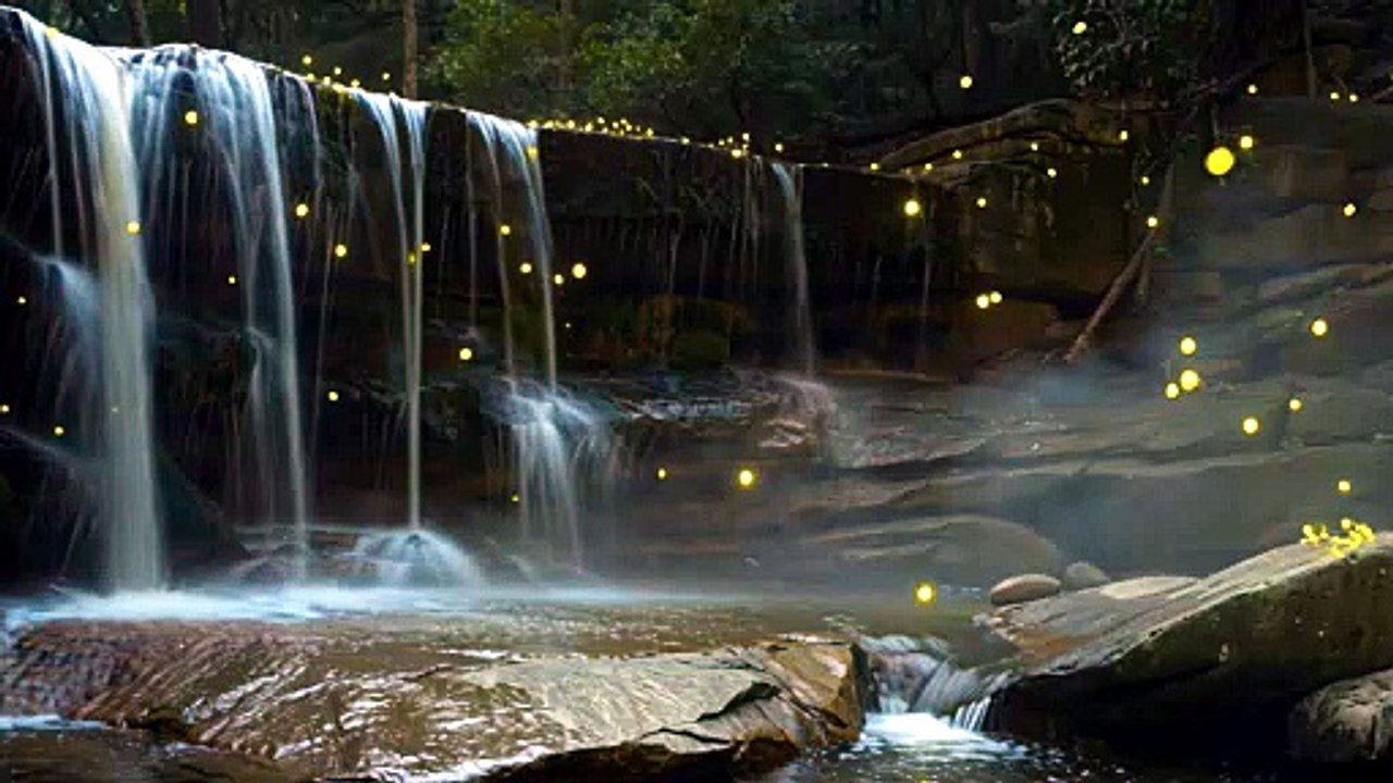 Cascade Nocturne & Lucioles • Ambiance Zen Apaisante • Relaxation Nature 8 Minutes