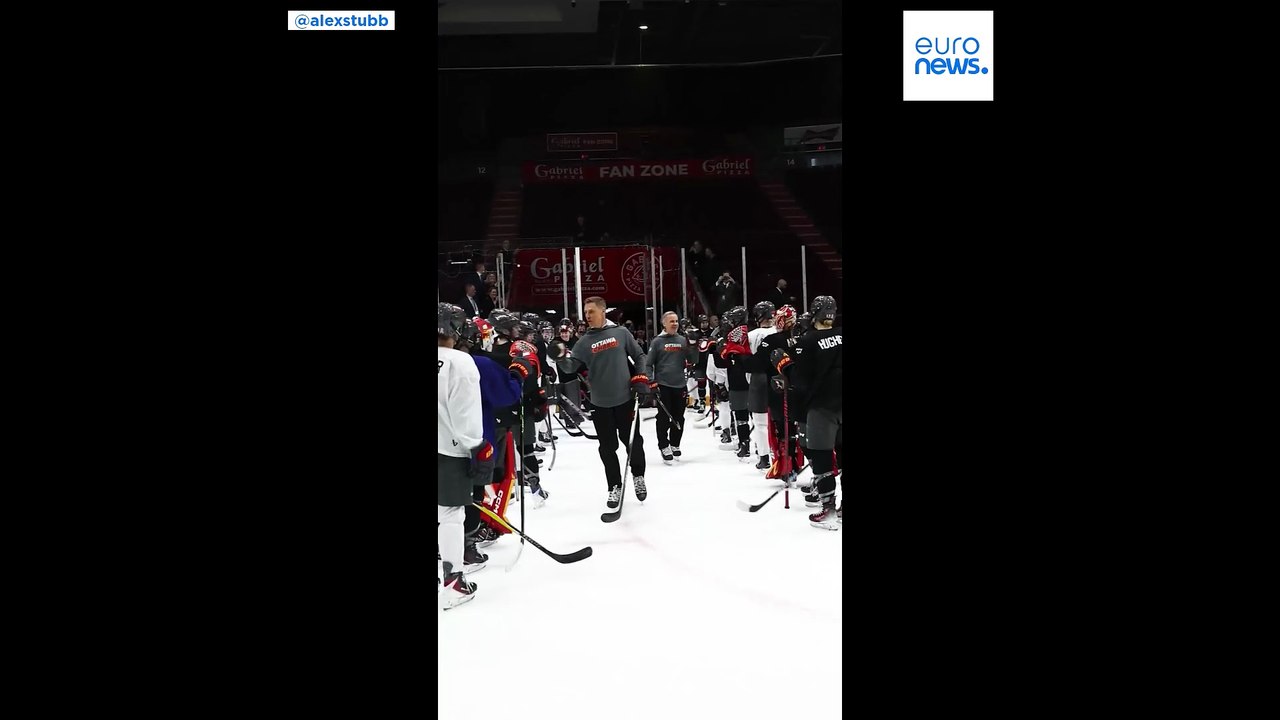 Canada's Mark Carney, Finland's Alexander Stubb play hockey during official visit