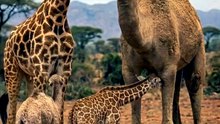 both a camel mother and a giraffe mother are caring for their babies at the same time