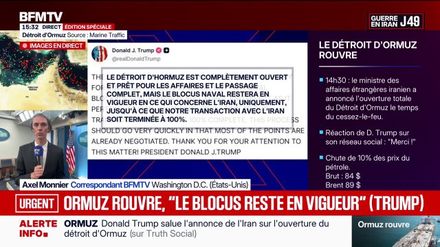 Réouverture du détroit d'Ormuz: Donald Trump indique que le blocus naval restera en vigueur jusqu'à la fin des négociations avec l'Iran