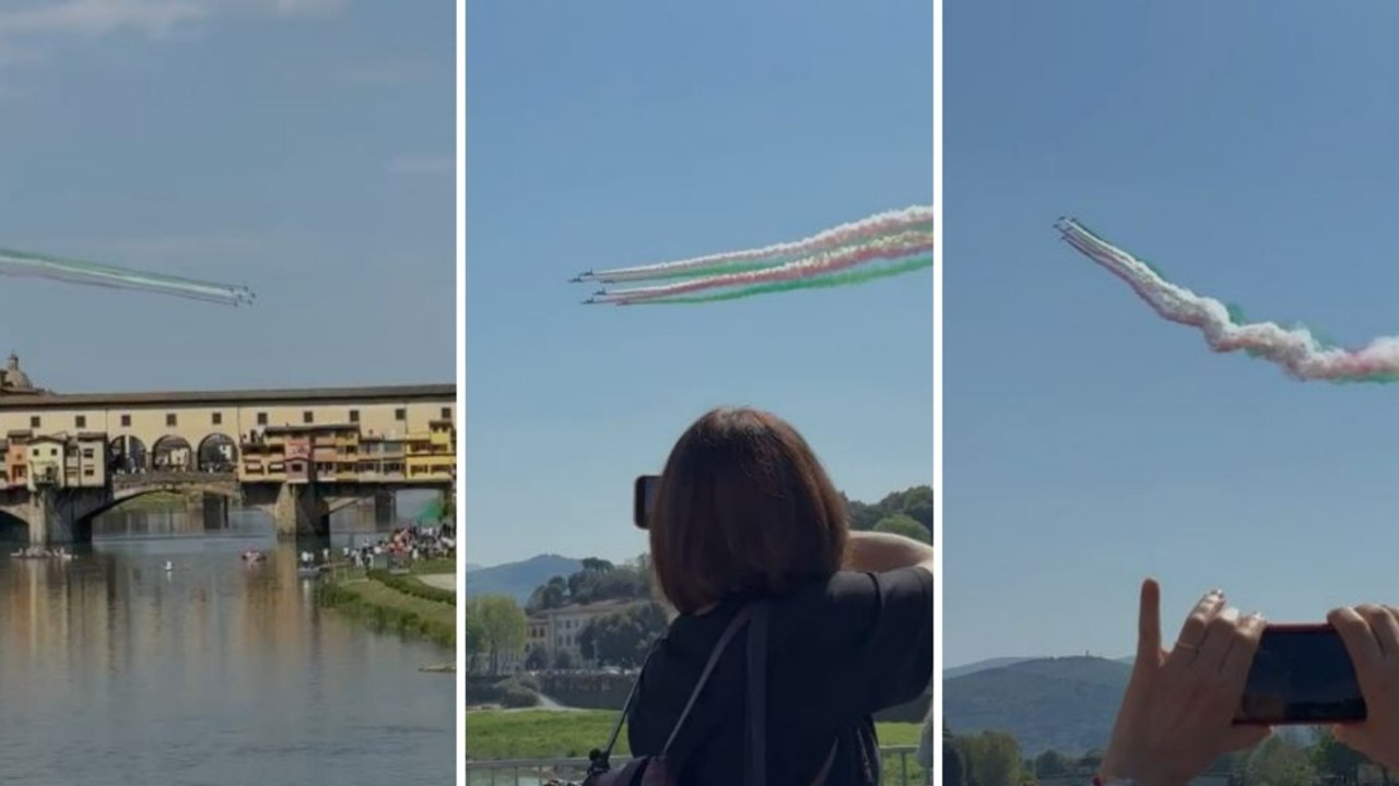 Firenze, sorvolo delle Frecce Tricolori su Firenze per il giuramento alla scuola militare aeronautica G.Douhet: il video
