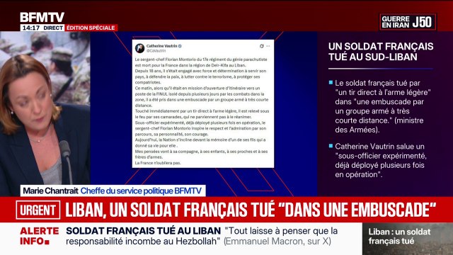 Le soldat français tué au Liban a été touché par un tir direct dans une embuscade , indique la ministre des Armées Catherine Vautrin