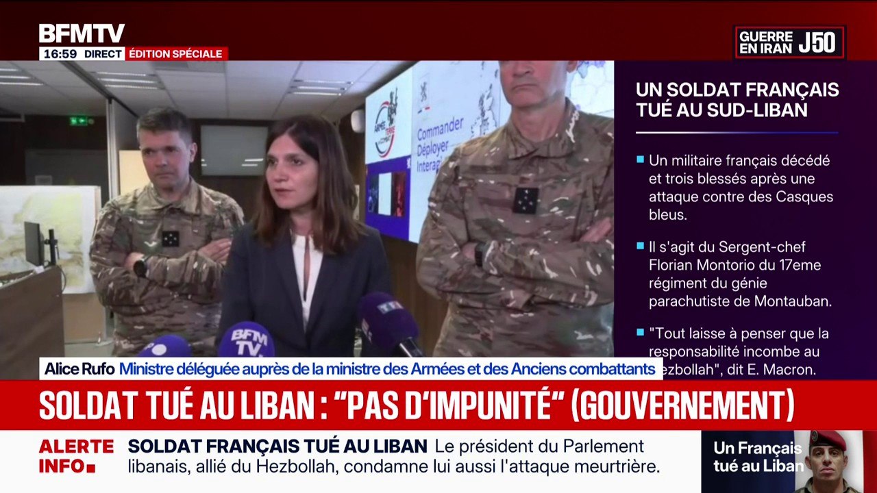 Soldat français tué au Liban: "Des éléments permettent de penser" à une responsabilité du Hezbollah, selon Alice Rufo, ministre déléguée aux Armées