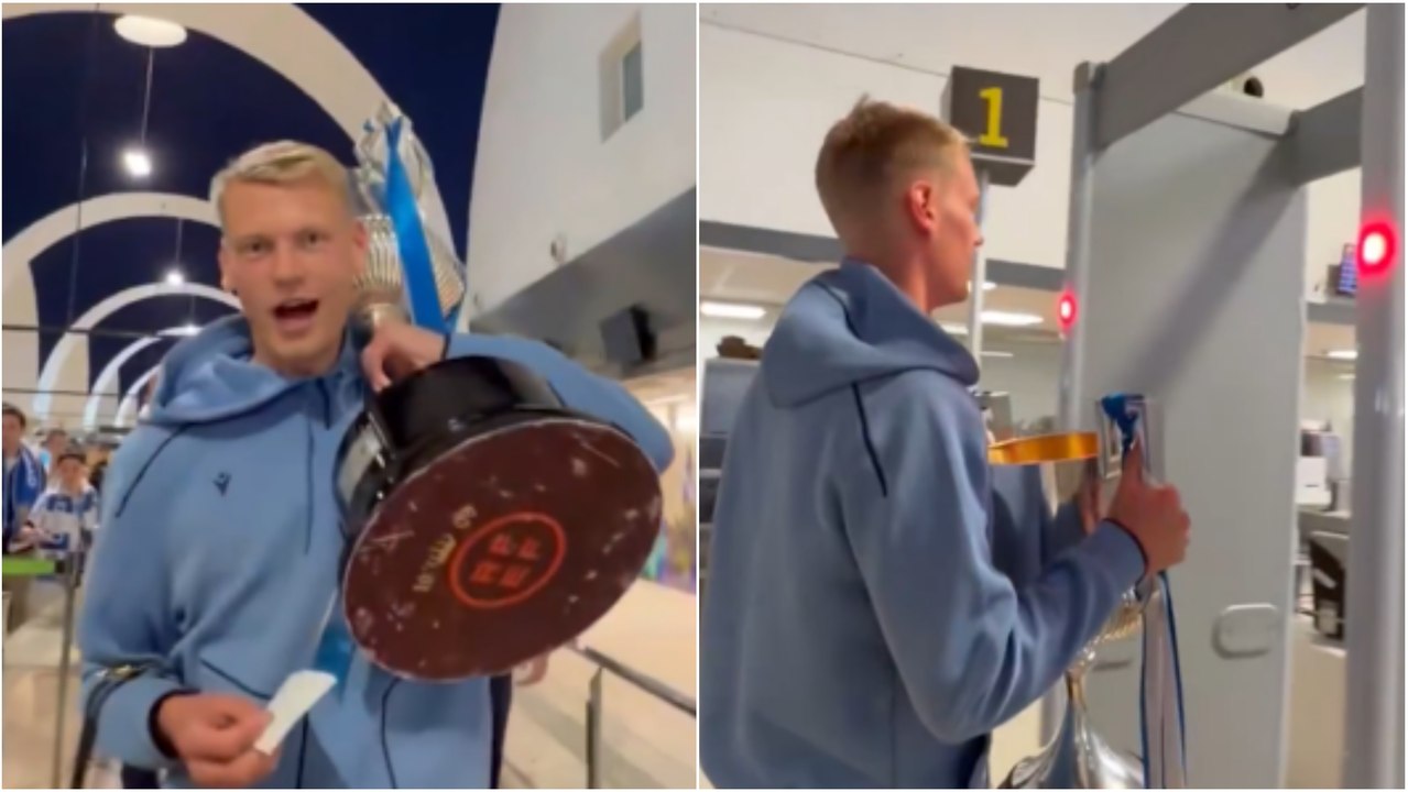 Orri Oskarsson y el habitual 'troleo' con la Copa en el control de seguridad del aeropuerto