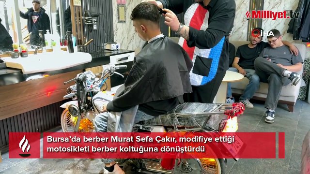 Gençler sıra bekliyor! Modifiyeli motosiklet, berber koltuğuna dönüşünce...