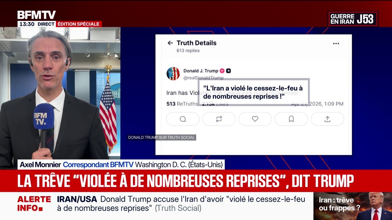 Guerre au Moyen-Orient: Donald Trump accuse l'Iran d'avoir "violé le cessez-le-feu à de nombreuses reprises"