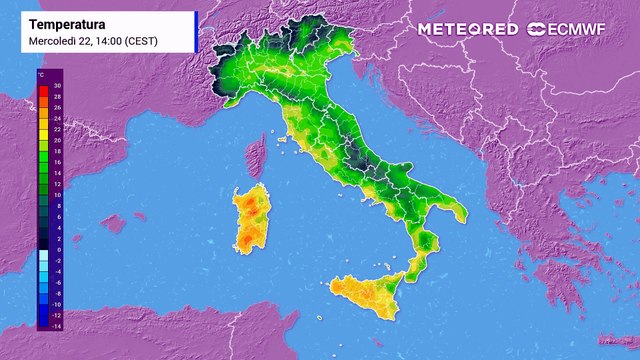 Mappa relativa alle temperature previste nei prossimi giorni