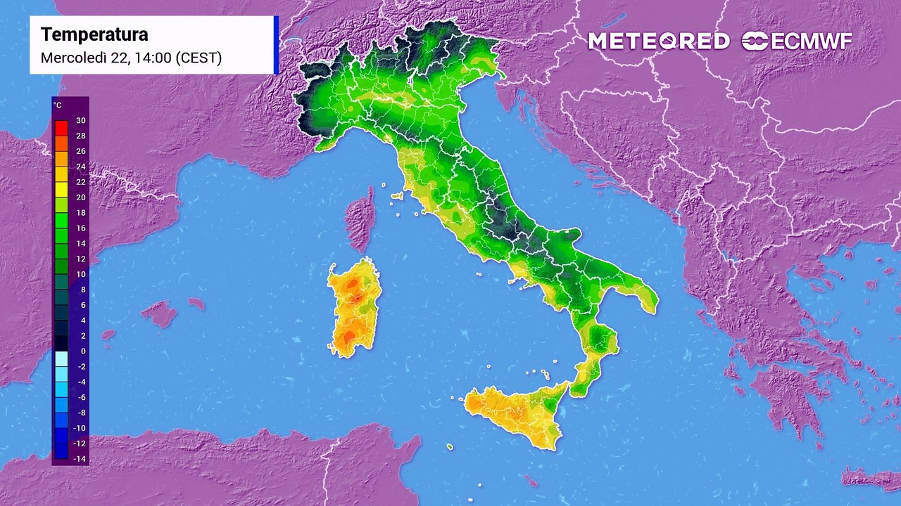 Mappa relativa alle temperature previste nei prossimi giorni