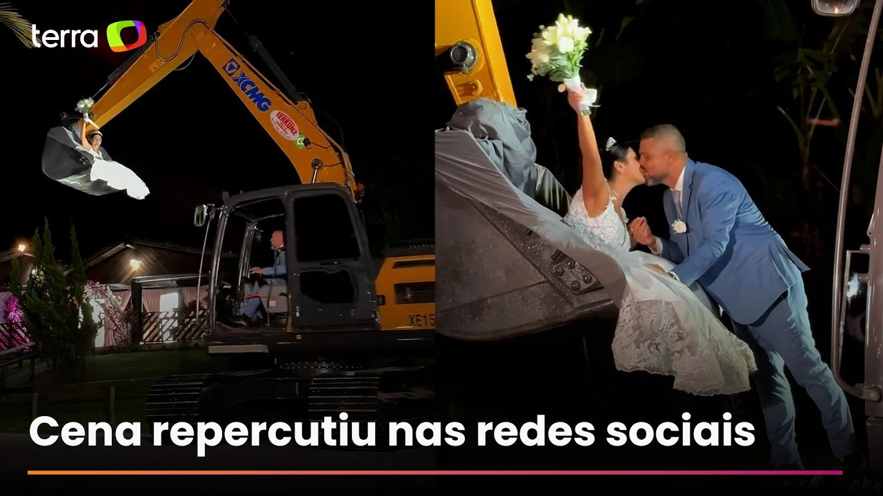 Noiva inova e chega para casamento dentro de concha de escavadeira em SC