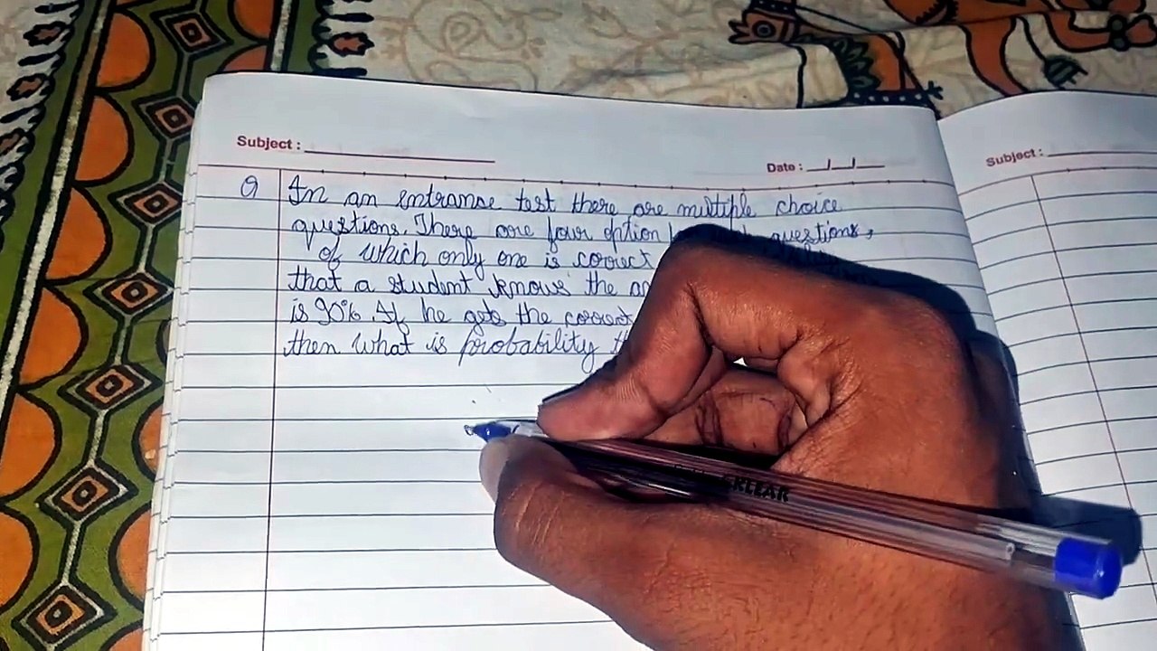 In an entrance test there are multiple choice questions, there are four options for each question, of which only one is correct. The probability that a student knows the answer of a question is 90%. If he gets the correct answer to a question, then what i