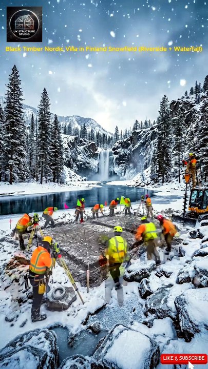 Black Timber Nordic Villa in Finland Snowfield (Riverside + Waterfall)