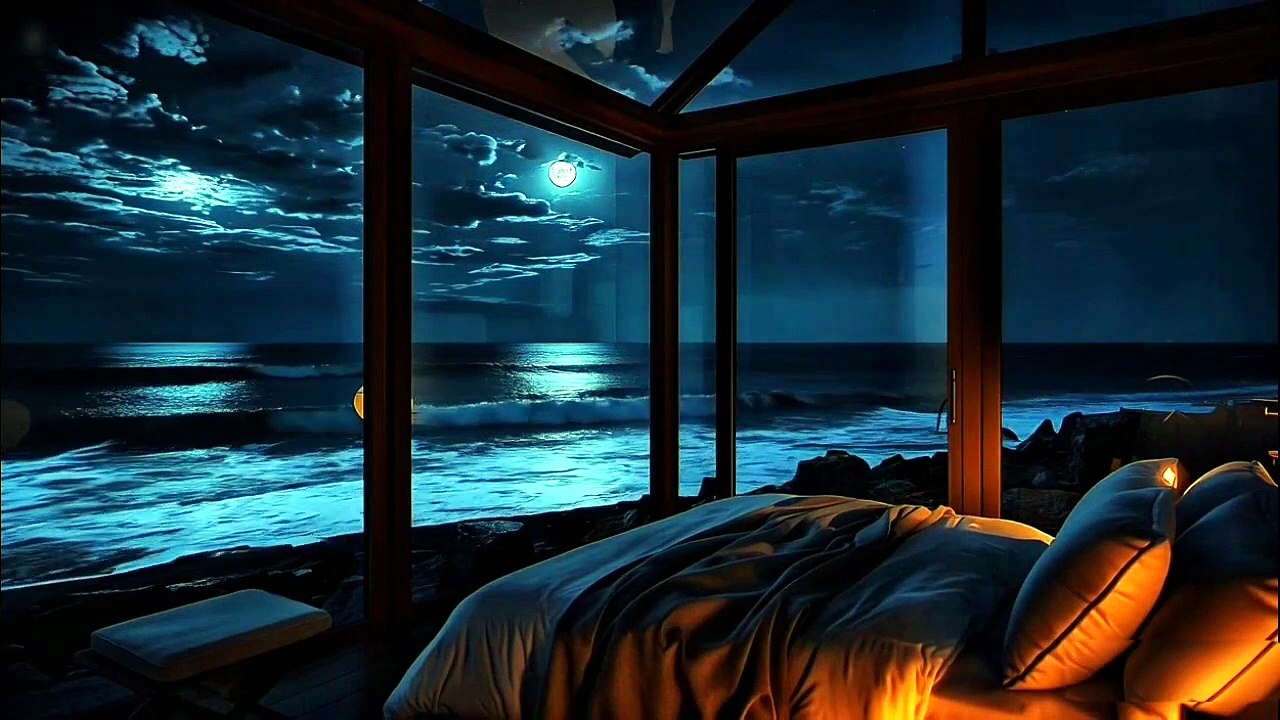 Heavy Ocean Waves at Night 🌊 | POV Inside Luxury Glass Bedroom ASMR
