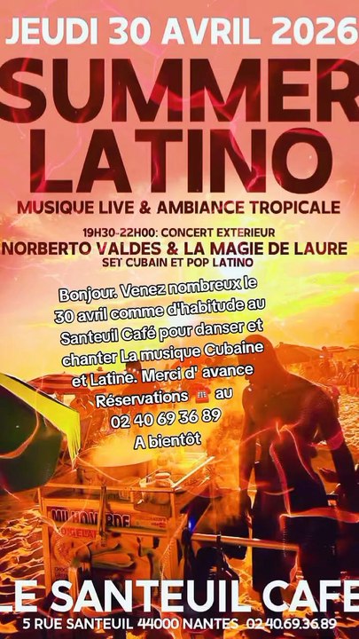 Bonjour les amis ! 🇨🇺🔥Rendez-vous *mercredi 30 avril* comme d’habitude au *Santeuil Café à Nantes* pour une soirée 100% *Musique Cubaine et Latine* ! Venez nombreux danser, chanter et mettre le feu