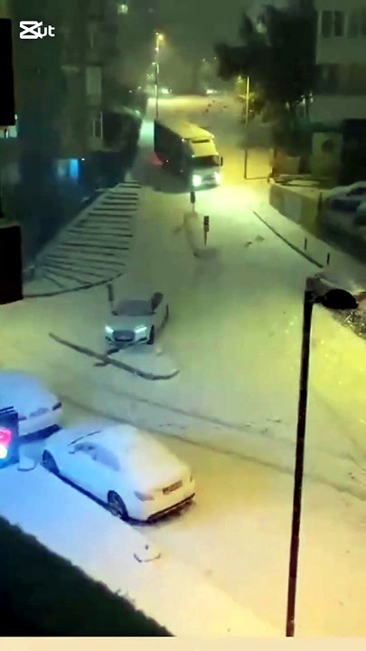 THE TRUCK SKIDDED ON THE SNOWY ROAD, BUT THE DRIVER DID A GREAT JOB.
