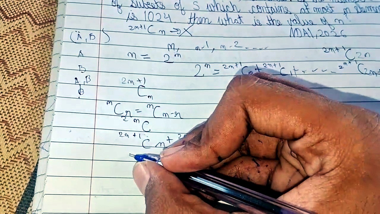 A set S contains (2n+1) element. If the number of subsets of S which contain at most n elements 1024