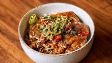 Crispy Enoki Mushrooms Top A Savory Rice Bowl