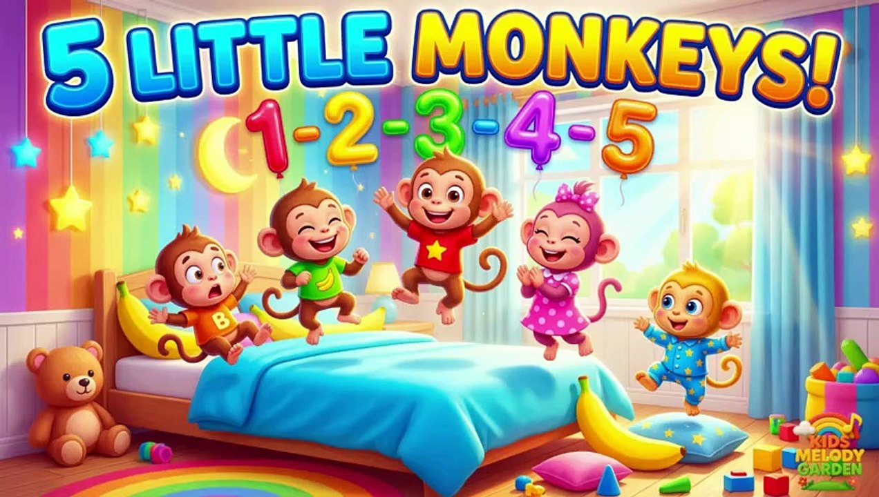 Five Little Monkeys Jumping on the Bed 🐵🛏️ | Fun Counting Song for Kids | Nursery Rhyme | Kids Melody Garden