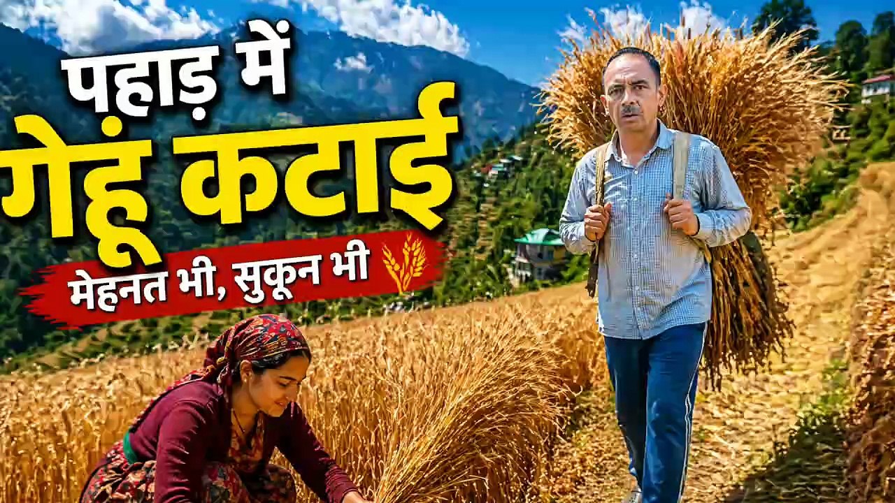 गेहूं के खेत की कटाई, और फसल की सराई का संपूर्ण दृश्य -