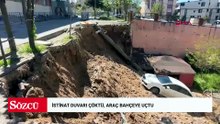 İstinat duvarı çöktü; park halindeki otomobil, okulun bahçesine sürüklendi
