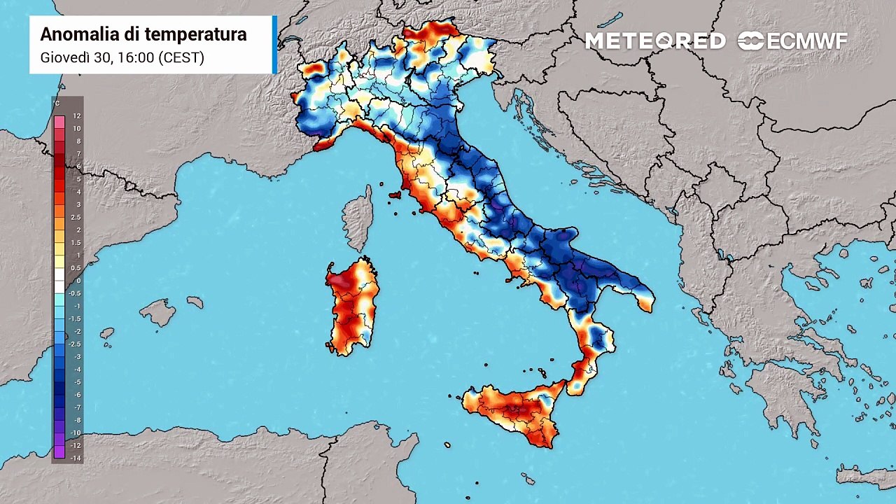 Giovedì 30 aprile 2026, anomalia termica in Italia