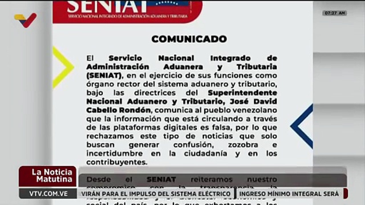 Seniat desmiente fake news que circulan sobre supuestos ajustes en la alícuota de recaudación