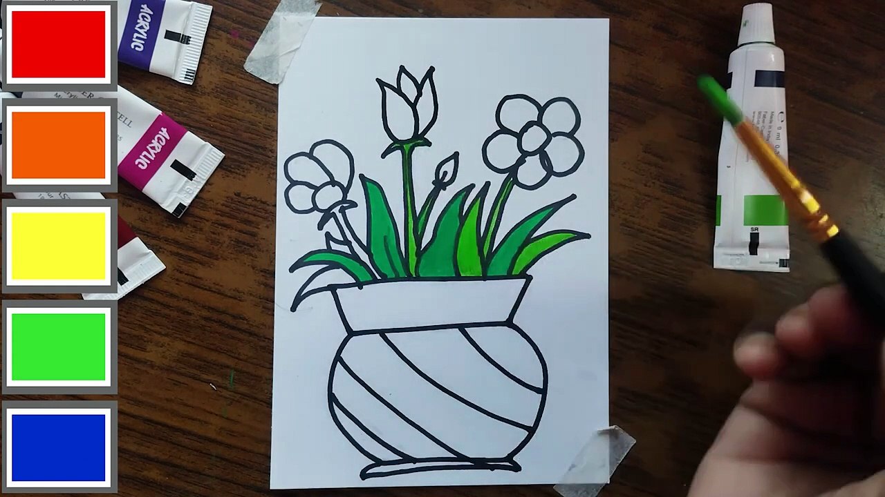 How to Draw a Flowers Pot with Color _ Drawing  Kids Flower Pot _ Coloring Page