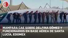 Viento derriba estructura sobre la gobernadora Delfina Gómez y funcionarios en Santa Lucía