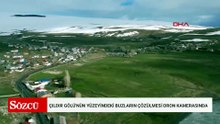 Çıldır Gölü'nün yüzeyindeki buzların çözülmesi dron kamerasında