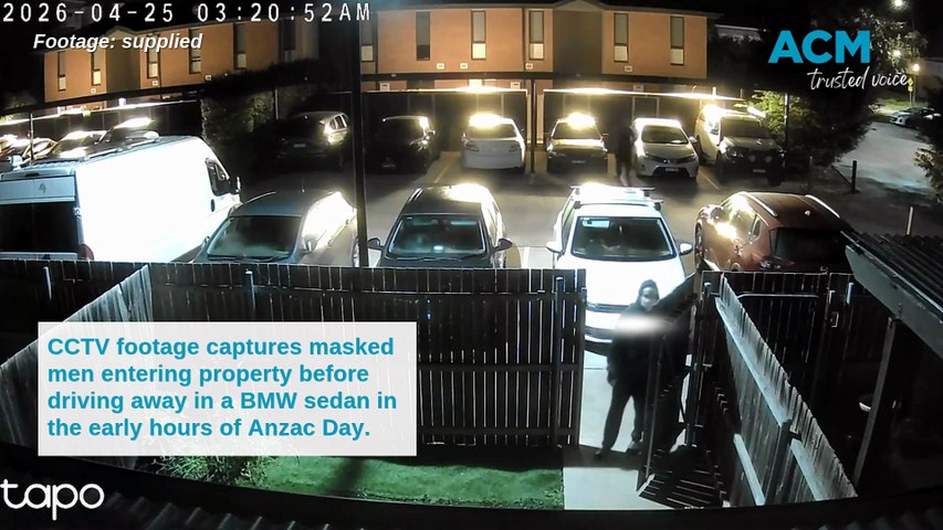 Footage shows masked men entering a property before driving away in a parked car, later reported stolen. Footage supplied.