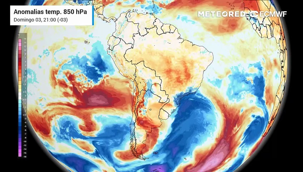 Domingo, 3 de maio: anomalia em 850 hPa (massas de ar)
