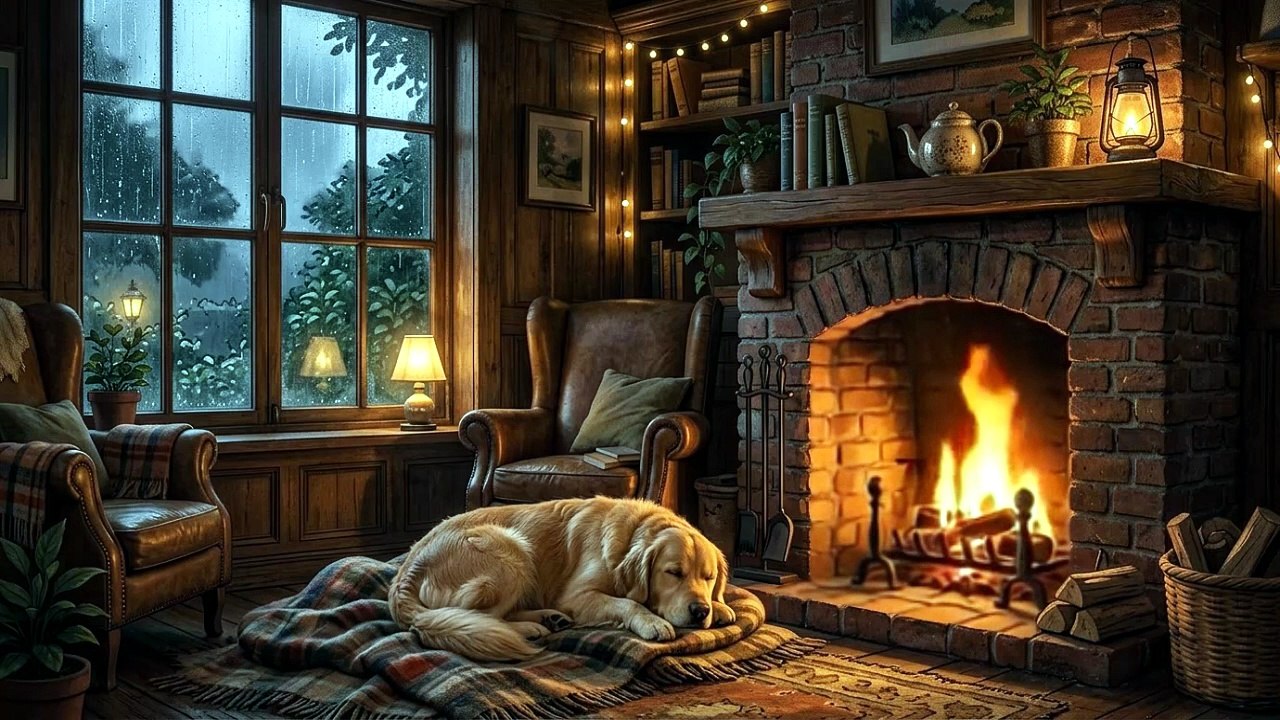 Sleeping Dog 🐾 by a Warm Fireplace 🔥 Calm Crackling Sounds