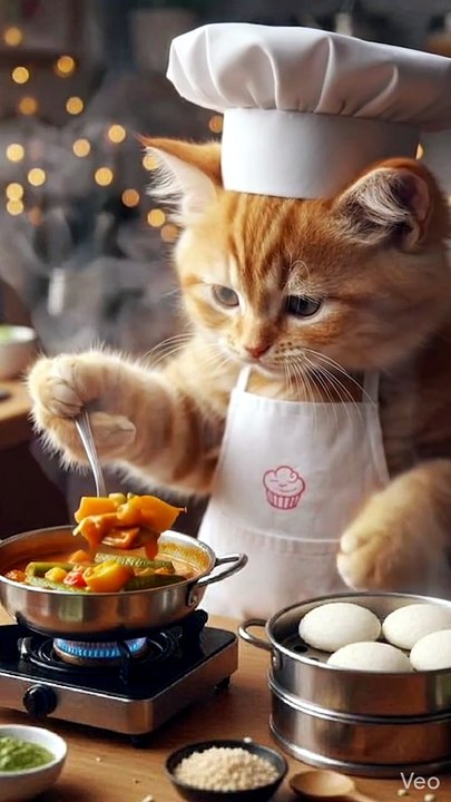 Dinner is served… by the cutest chef in town 😺 #CatChef #CuteCat #DinnerTime #FunnyCat #CatLife #FoodVibes #ViralPets