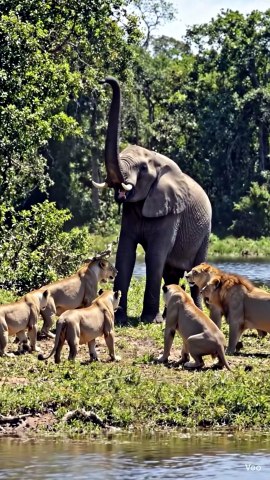 Lion and elephant fight