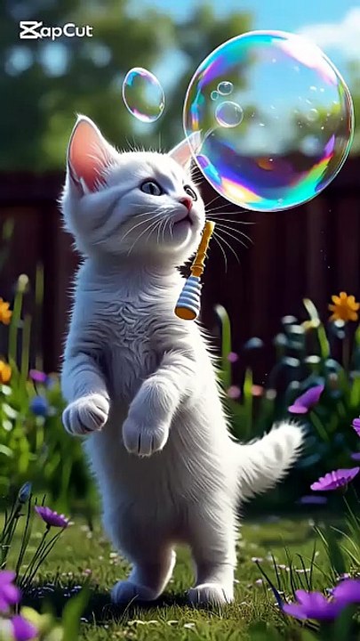 Adorable White Kitten Blows a Giant Bubble 😻🌿  Backyard Fun
