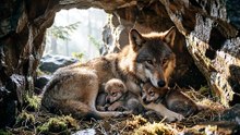 Wolf Feeding Pups
