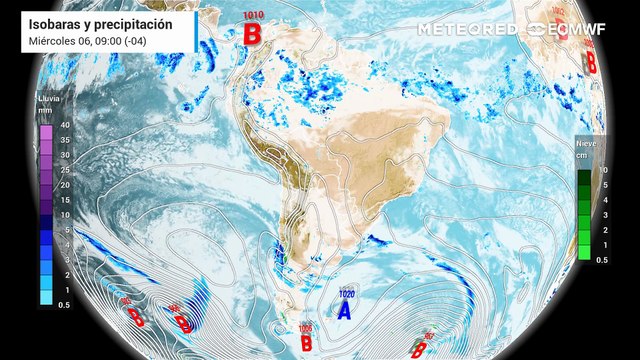 Pronóstico de isobaras y precipitación: Miércoles 6 de abril