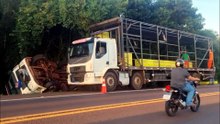 Caminhão de frango tomba próximo ao Centro Ambiental na BR-277