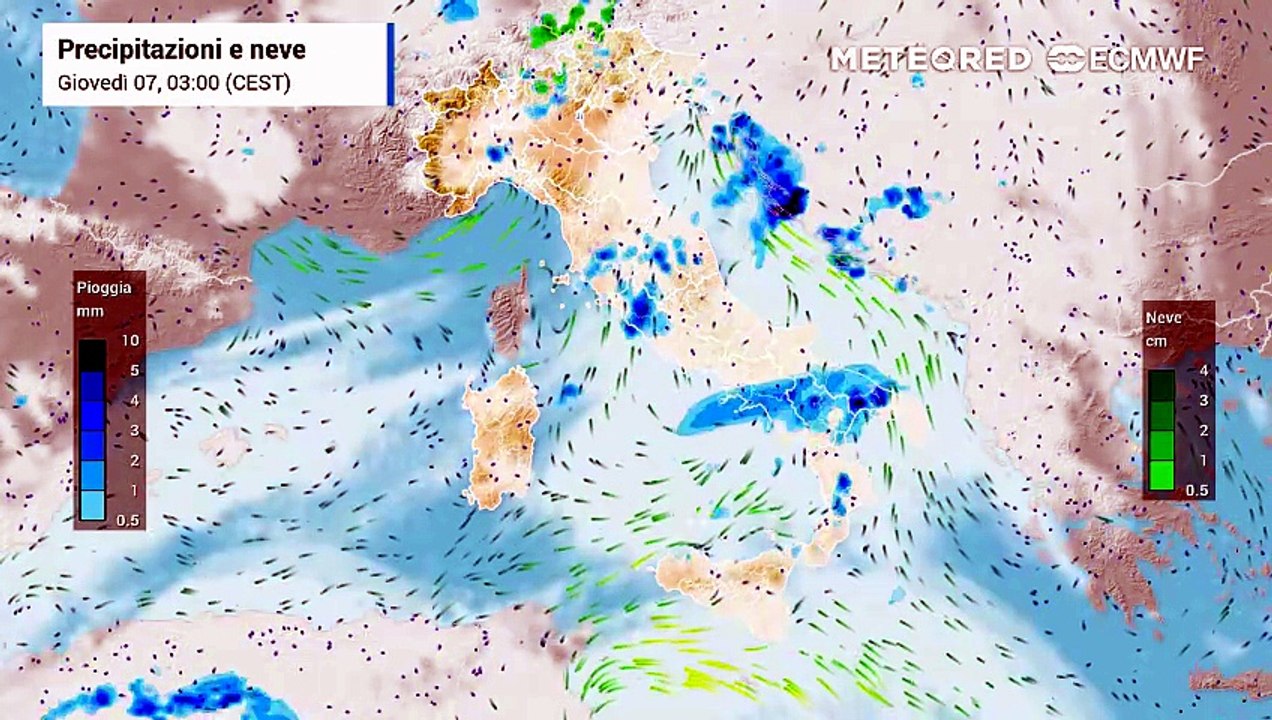 Mappa relativa alle precipitazioni previste nei prossimi giorni