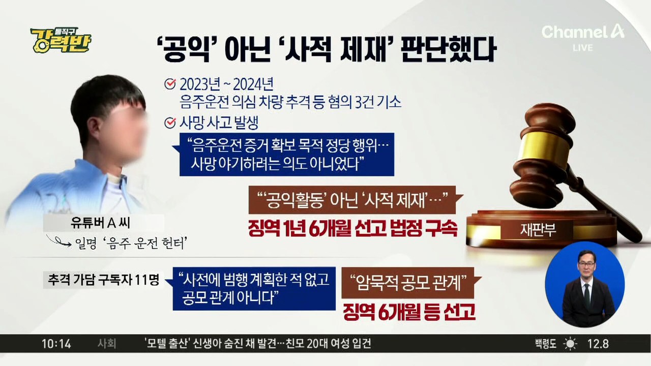[돌직구 강력반]‘음주운전 의심 추적’ 유튜버, 징역 1년 6개월 법정 구속