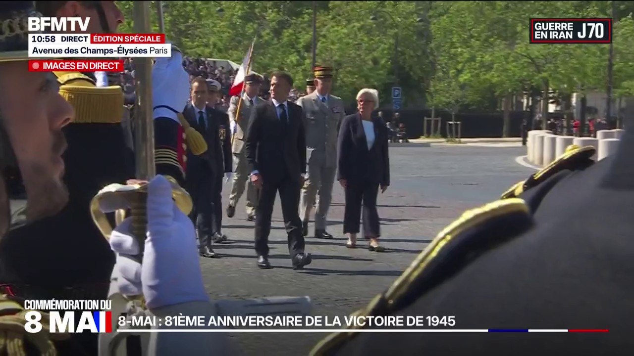 8-Mai: Emmanuel Macron passe en revue les troup...