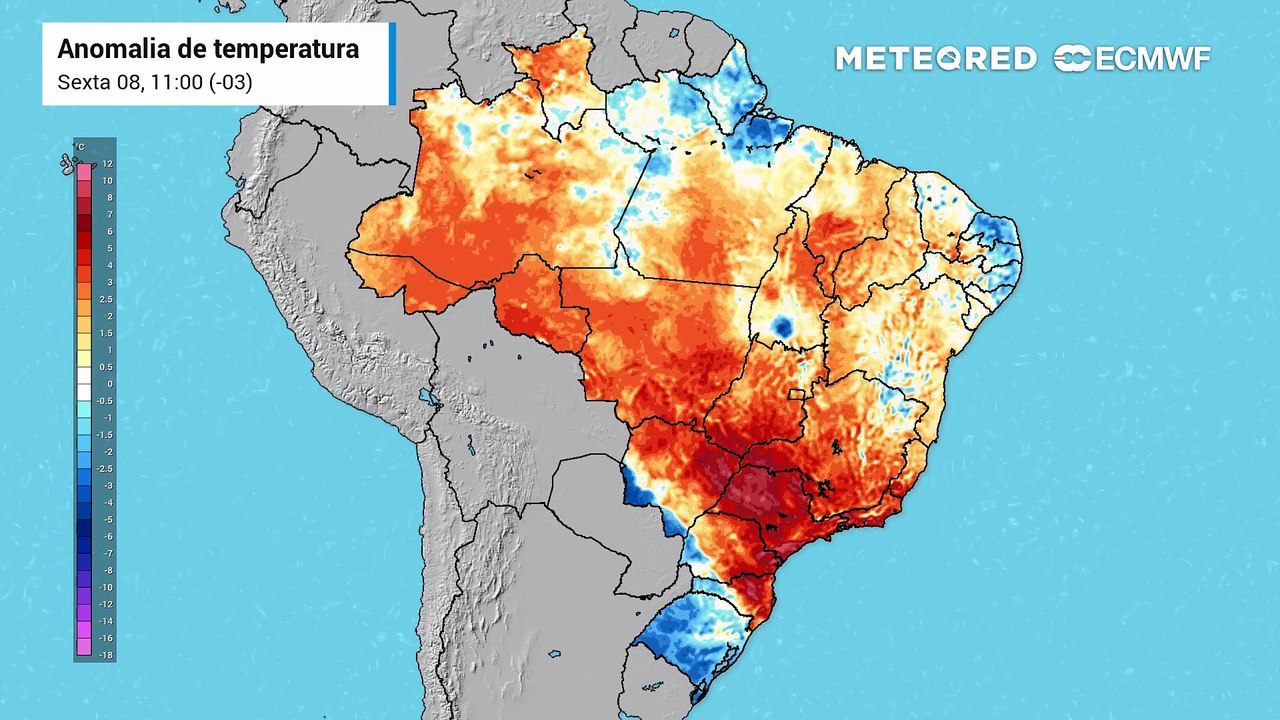 Sexta-feira, 8 de maio: previsão de anomalia de temperatura