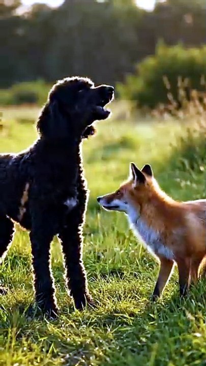 Unlikely Friends: Playful Poodle Meets a Wild Fox in the Meadow