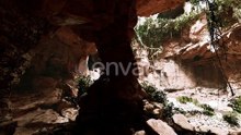 View From Inside a Dark Cave with Green Plants and Light on the Exit